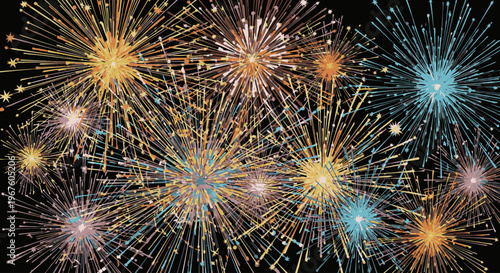 Vibrant fireworks exploding in various colors against a dark night sky with a shallow depth of field.