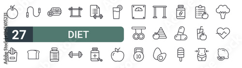 set of 27 thin line diet icons for web, mobile and digital interfaces including oranges, french fries, jump rope, bakery, no burger, pills, dumbbell, dumbell and dumbbell. editable stroke vector