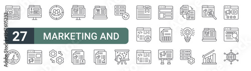 set of 27 thin line marketing and seo icons for web, mobile and digital interfaces including web de, speedometer, online payment, browser, target audience, ting, blog, upload and online shopping.
