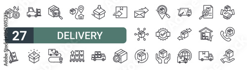 set of 27 thin line delivery icons for web, mobile and digital interfaces including cash on delivery, dolly, forklift, unboxing, barcode, route,, pallet and box. editable stroke vector