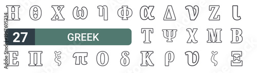 set of 27 thin line greek alphabets icons for web, mobile and digital interfaces including eta, epsilon, theta, pi, chi, xi, omega, pi and eta. editable stroke vector