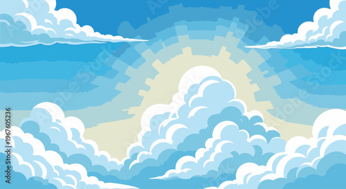 Illustration of a sunny sky with fluffy white clouds and a bright sun peeking through, set against a blue background.
