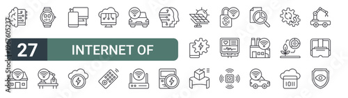 set of 27 thin line internet of things icons for web, mobile and digital interfaces including hine learning, smart home, wearable technogy, smart factory, smart device, grid, edge computing, remote