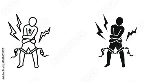 Black and white illustrations of a man experiencing stomach pain with lightning bolts