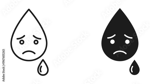Angry and sad water droplets with faces on white background