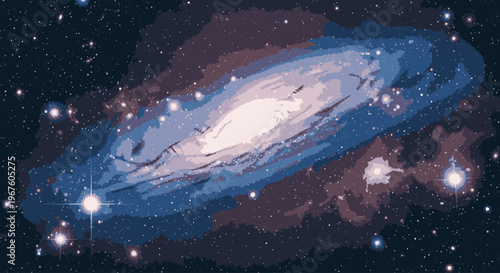 A vibrant spiral galaxy with a bright central core and sweeping blue arms set against a starry night sky with shades of purple and pink.