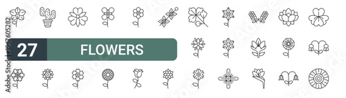 set of 27 thin line flowers icons for web, mobile and digital interfaces including orchid, peony, cactus, daffodil, alstroemeria, alpine forget me not, ixora, daisy and poppy. editable stroke vector