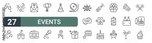 set of 27 thin line events icons for web, mobile and digital interfaces including wine, music, fireworks, hall, invite, camera, balloons, microphone and hat. editable stroke vector