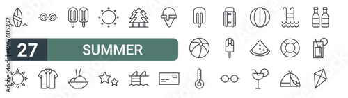 set of 27 thin line summer icons for web, mobile and digital interfaces including surfing board, sun, glasses, shirt, ice creams, ice cream bowl, sun, stars and trees. editable stroke vector