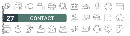 set of 27 thin line contact icons for web, mobile and digital interfaces including handshake, printer, mail, location, chat, send email, video camera, map and worldwide. editable stroke vector