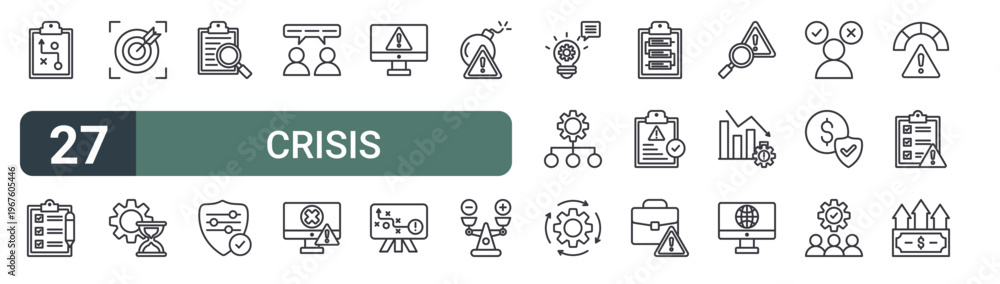 Fototapeta premium set of 27 thin line crisis management icons for web, mobile and digital interfaces including strategy, assessment, target, time management, investigation, security control, feed back, error and