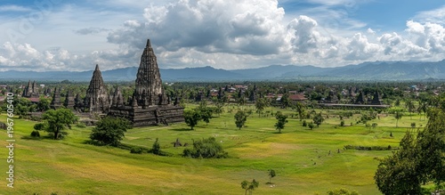 Panoramic view of the ancient Prambanan temple complex in Indonesia.