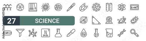 set of 27 thin line science icons for web, mobile and digital interfaces including molecule, petri dish, nuclear, funnel, newton cradle, molecule, black hole, nitrogen and probiotic. editable stroke