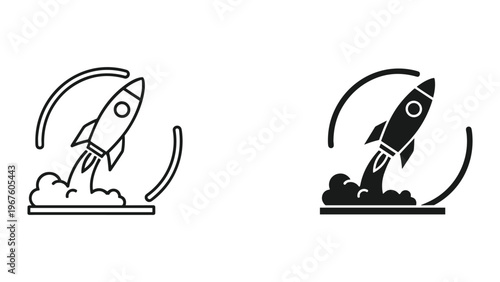 Rocket launch icons in black and white with smoke and trajectory
