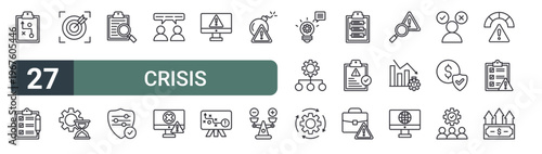 set of 27 thin line crisis management icons for web, mobile and digital interfaces including strategy, assessment, target, time management, investigation, security control, feed back, error and