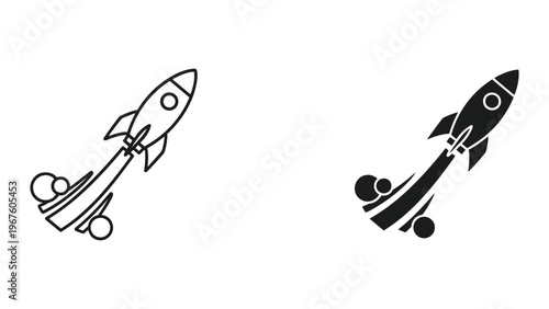 Two rocket ship icons in line and solid black on white background for business or space concepts