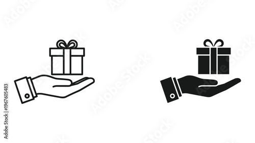 Black and white line icons of hands holding gift boxes in a simple style
