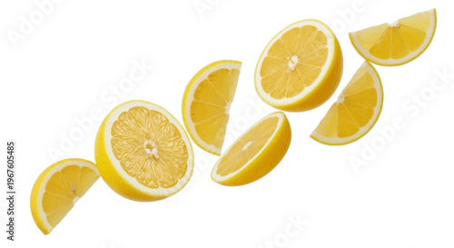 Fresh lemon slices and halves floating on a transparent background