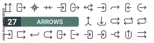 set of 27 thin line arrows icons for web, mobile and digital interfaces including up arrrows, login, login, two arrows, arrows, left arrow, arrow button, two and login. editable stroke vector