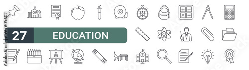 set of 27 thin line education icons for web, mobile and digital interfaces including pin, note book, school, colors, certificate, white board,, world globe and test tube. editable stroke vector