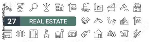 set of 27 thin line real estate icons for web, mobile and digital interfaces including interest rate, garage, house, fence, search, elevator, choice, smart home and condo. editable stroke vector