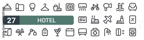 set of 27 thin line hotel icons for web, mobile and digital interfaces including desk bell, exit, yoga mat, ironing board, golf, room key, hanger, suitcase and mop. editable stroke vector
