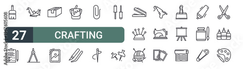 set of 27 thin line crafting icons for web, mobile and digital interfaces including paint brush, checklist file, origami, compass tool, cardboard, photo frame, paint bucket, tweezers and clipper.