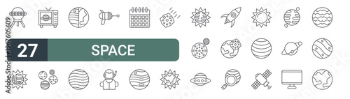 set of 27 thin line space icons for web, mobile and digital interfaces including sputnik, sun, television, universe, eclipse, planet, blaster, astronaut and calendar. editable stroke vector
