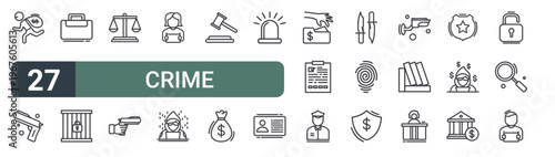 set of 27 thin line crime icons for web, mobile and digital interfaces including thief, gun, briefcase, jailhouse, balance sheet, gun, prisoner, hacker and court gavel hammer. editable stroke vector