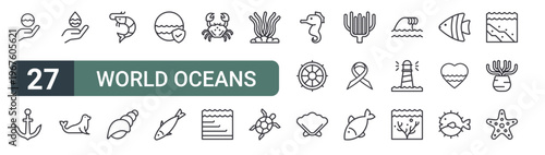 set of 27 thin line world oceans day icons for web, mobile and digital interfaces including oceans day, anchor, drop, seal, shrimp, seashell, oceans day, sardine and crab. editable stroke vector