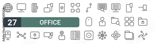 set of 27 thin line office icons for web, mobile and digital interfaces including internet, microphone, monitor, link, lock, lock, computer tablet, connect and safe. editable stroke vector