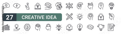 set of 27 thin line creative idea icons for web, mobile and digital interfaces including creative bulb, creative book, brain power, bulb, person, brain, light bulb, brain and editable stroke vector