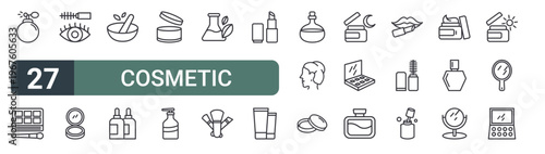 set of 27 thin line cosmetic icons for web, mobile and digital interfaces including perfume, cosmetic brush, eye liner, cosmetics, herbal, oil bottle, cosmetics, soap bottle and herbal liquor.