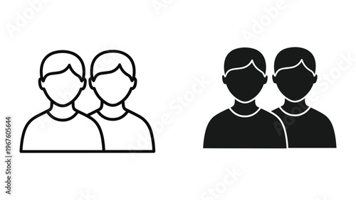 Black and white line icons of two people standing side by side in simple style