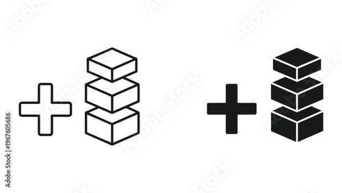 Black and white 3d cube plus sign icons for design elements isolated on white background