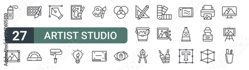 set of 27 thin line artist studio icons for web, mobile and digital interfaces including paint spray, photo frame, paint brush, ruler, pen tool, paint roller, painting, idea bulb and brush. editable