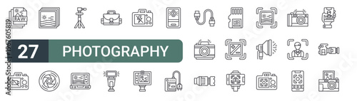 set of 27 thin line photography icons for web, mobile and digital interfaces including raw, low battery, photo album, diaphragm, tr, photo editing, camera bag, camera flash and no flash. editable