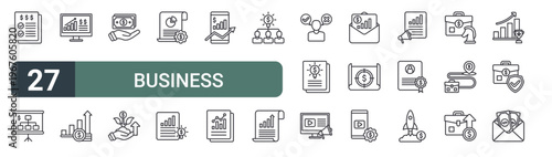 set of 27 thin line business development icons for web, mobile and digital interfaces including checlist, hierarchy, statistics report, financial profit, money, investment, financial report, idea