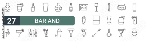 set of 27 thin line bar and alcohol icons for web, mobile and digital interfaces including brandy, beer tap, cocktail, cocktail, brandy, beer tap, glass, cocktail and cognac. editable stroke vector