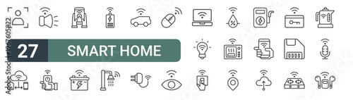 set of 27 thin line smart home icons for web, mobile and digital interfaces including scan, cloud database, smart speaker, smart control, home, battery, battery bar, shower and car. editable stroke