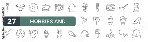 set of 27 thin line hobbies and leisure icons for web, mobile and digital interfaces including spatula, baseball, drum, ball, donut, bowling, teacup, ice cream cone and breakfast. editable stroke