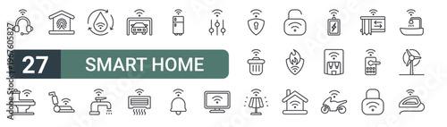set of 27 thin line smart home icons for web, mobile and digital interfaces including wireless headphones, smart toilet, fingerprint identification, vacuum cleaner, water energy, faucet, parking,