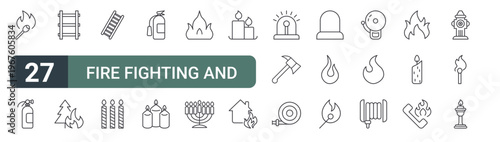 set of 27 thin line fire fighting and candle icons for web, mobile and digital interfaces including match stick, extinguisher, ladder, fire, ladder, candle, extinguisher, candle and fire. editable