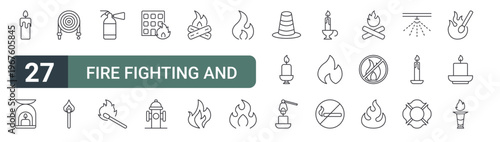 set of 27 thin line fire fighting and candle icons for web, mobile and digital interfaces including candle, candle, hosepipe, match stick, extinguisher, match stick, fire, hydrant and fire. editable