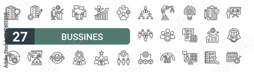 set of 27 thin line bussines management icons for web, mobile and digital interfaces including assessment, efficiency, checklist, presentation, working, file sharing, discussion, employee and