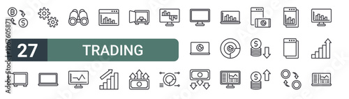 set of 27 thin line trading icons for web, mobile and digital interfaces including exchange, safety box, ting, laptop, binocular, statistics report, bar chart, growth and safe box. editable stroke