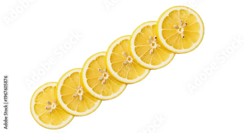 Fresh lemon slices arranged in a diagonal line on a transparent background