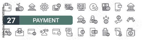 set of 27 thin line payment icons for web, mobile and digital interfaces including wallet, safe money, growth, email, bank, credit card, ting, growth and computer. editable stroke vector