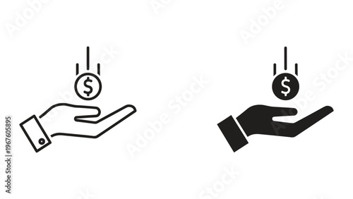 Vector illustration of hands holding dollar coins in black and white