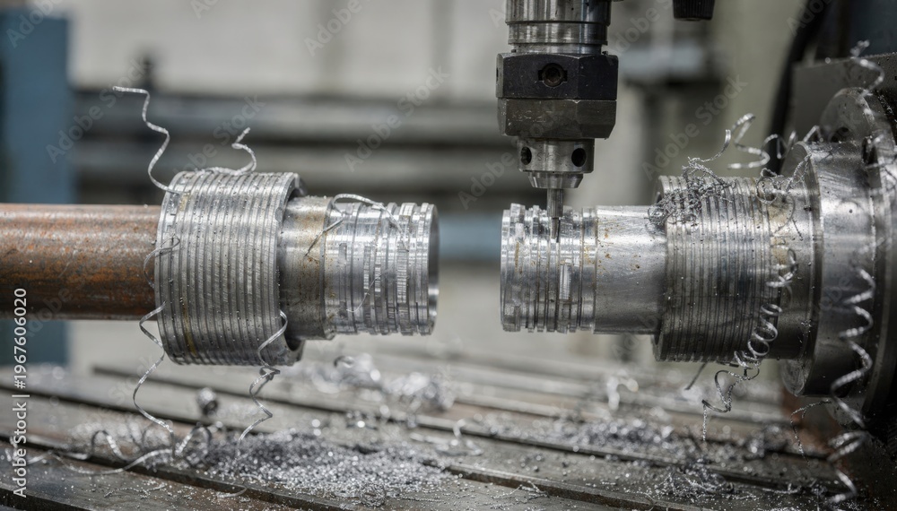 © DigitalSpace - Medium angle view of grooved coupling pipe ends being carefully finished with machining tools to ensure accurate grooves for mechanical joint connections. © DigitalSpace - Medium angle view of grooved coupling pipe ends being carefully finished with machining tools to ensure accurate grooves for mechanical joint connections.